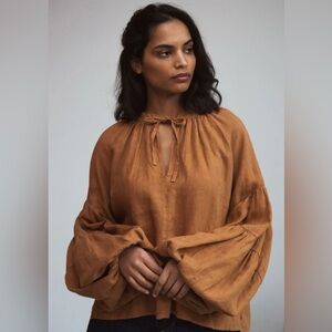 Beaumont‎ Organic Francesca Linen Top In Almond linen blouse balloon sleeves